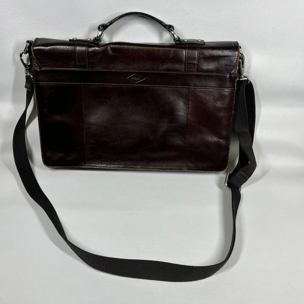 Fossil Mens Dark Brown Leather Messenger Bag Briefcase Laptop Satchel MBG9044
